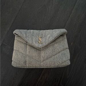 Saint Laurent Denim Quilted Loulou Puffer Pouch Clutch Blue Gray Light Azur